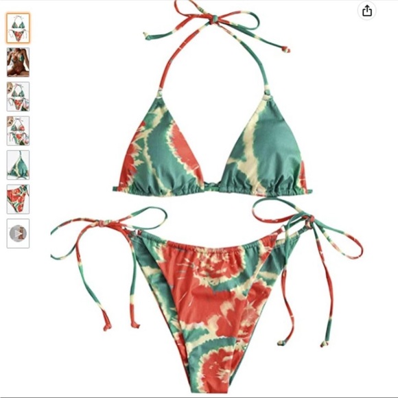 Halter Ribbed Tie Dye String Tanga Bikini, Size Small - Picture 2 of 6